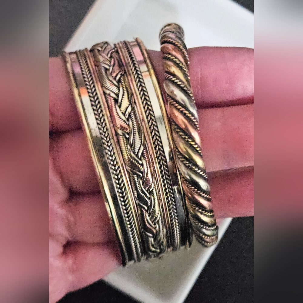 CUFF BRACELETS SET OF 2 MIXED METALS 6.5 - 6 3/4 - Picture 2 of 7